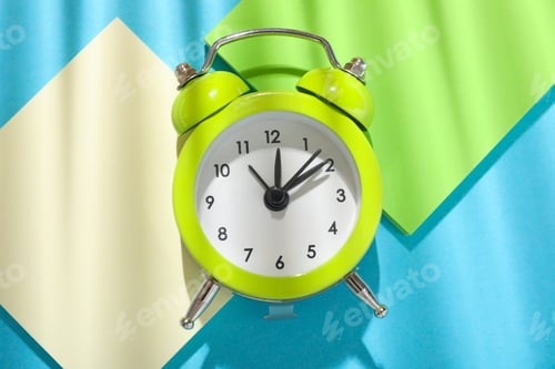 Preview: Reminder. Alarm clock and sticky notes on light blue background, flat lay