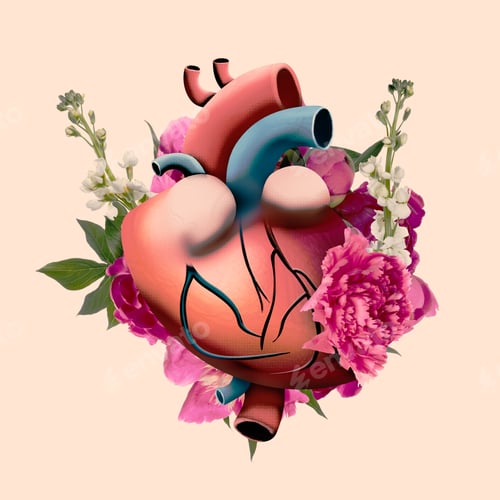 Preview: Human heart in vintage style surrounded by flowers on beige background, illustration