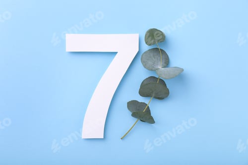 Preview: Paper number 7 and eucalyptus branch on light blue background, top view