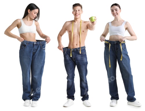 Preview: Young people with in big jeans showing their weight loss results. Collection of portraits on white b