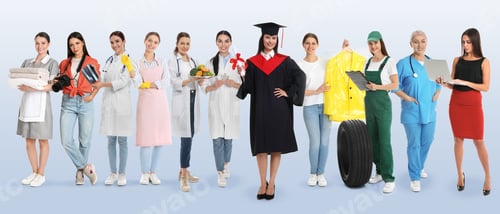 Preview: Graduate student and women of various professions on color gradient background. Career choice
