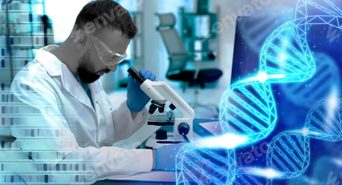 Preview: Scientist using microscope, double exposure with DNA helix. Medical poster for genetics