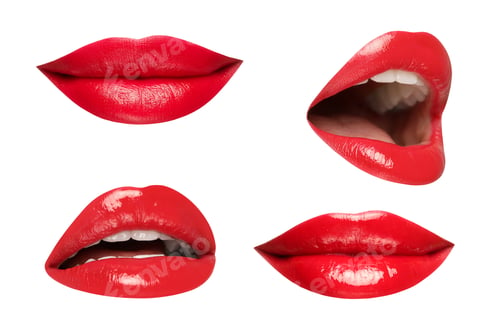 Preview: Female lips with red lipstick isolated on white, collage