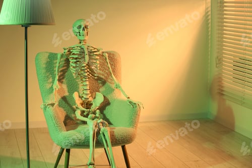Preview: Waiting concept. Human skeleton sitting in armchair indoors, space for text