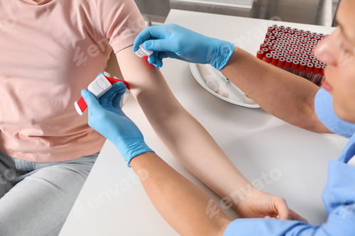 Preview: Nurse putting medical tourniquet on woman's arm in clinic, closeup