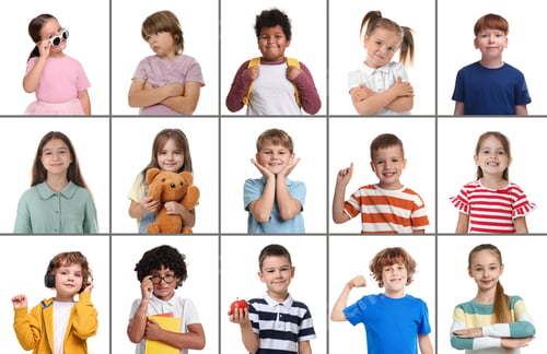 Preview: Cute children on white background. Collage of portraits