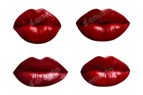 Preview: Female lips with dark red lipstick isolated on white, collage
