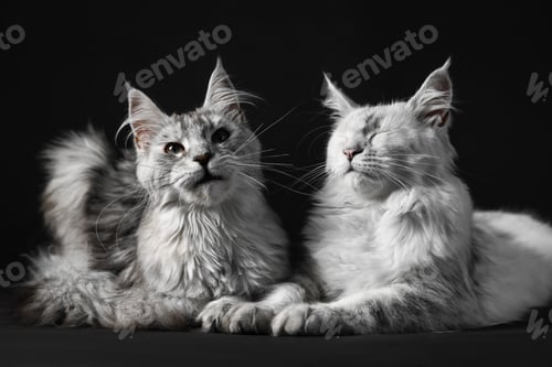 Preview: Adorable pet. Cute Maine Coon cats on black background