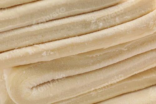 Preview: Raw puff pastry dough as background, closeup