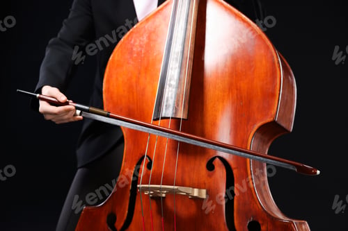 Preview: Girl playing double bass on black background, closeup