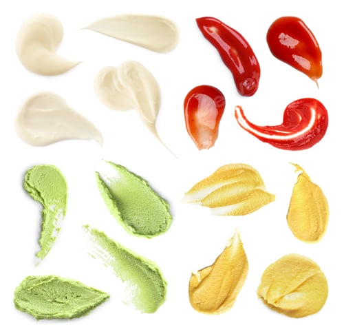 Preview: Ketchup, mayonnaise, wasabi and mustard isolated on white, collage