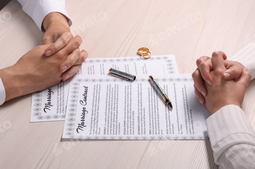 Preview: Man and woman signing marriage contract at light wooden table, closeup