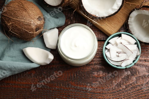 Preview: Tasty coconut yogurt in jar and fruits on wooden table, flat lay