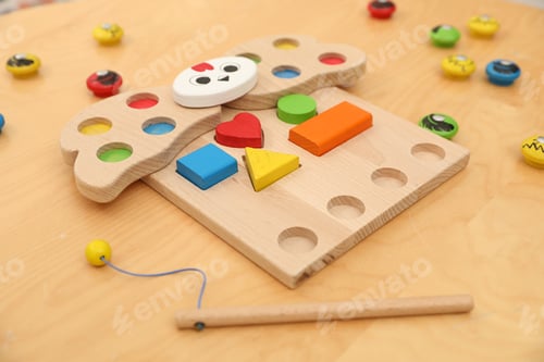 Preview: Child's toy. Magnetic sorting set for children with toy hen, figures and fishing rod on wooden table