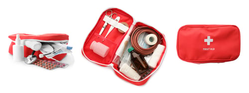 Preview: First aid kit isolated on white, set. Top and side view
