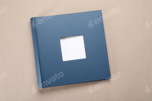 Preview: One blue photo album on color background, top view