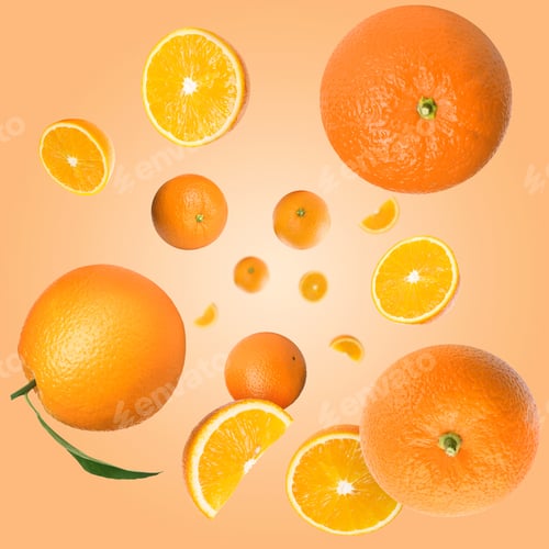Preview: Fresh juicy oranges swirling in air against coral color background. Citrus fruit