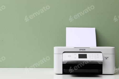 Preview: One printer with sheet of paper on white table near green wall, closeup. Space for text