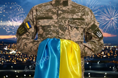 Preview: Soldier holding flag of Ukraine against fireworks over city. National holiday
