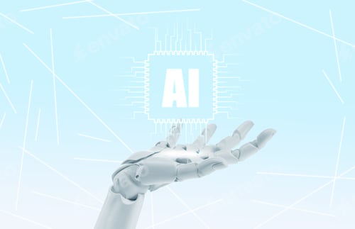 Preview: Robotic hand holding virtual AI microchip against light blue gradient background. Artificial intelli