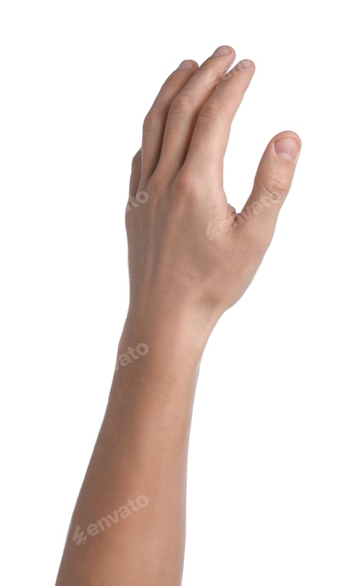 Preview: Man showing his hand on white background, closeup