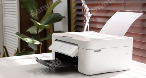 Preview: Modern printer on white table in office, closeup