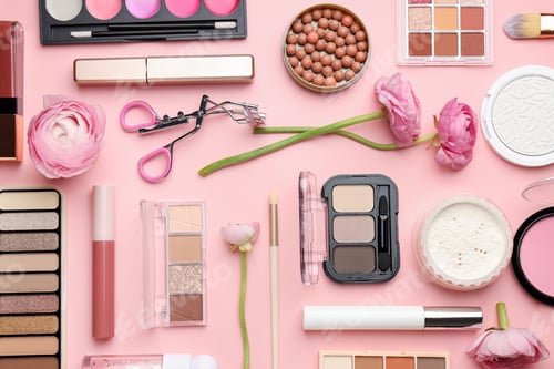 Preview: Spring composition with different makeup products and flowers on pink background, flat lay