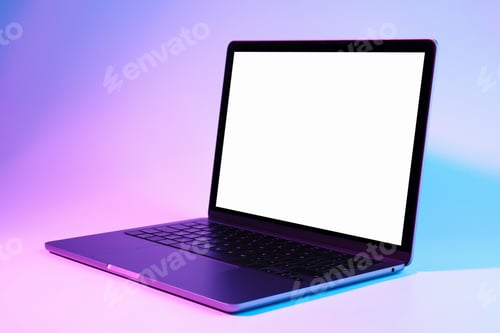 Preview: Modern laptop with blank screen in neon lights on white background