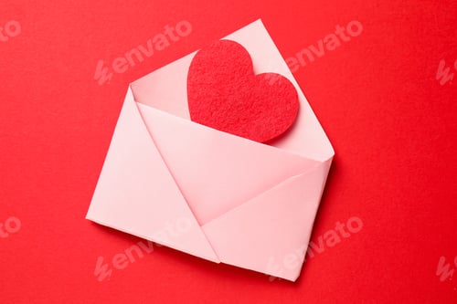 Preview: Love. Envelope with decorative heart on red background, top view