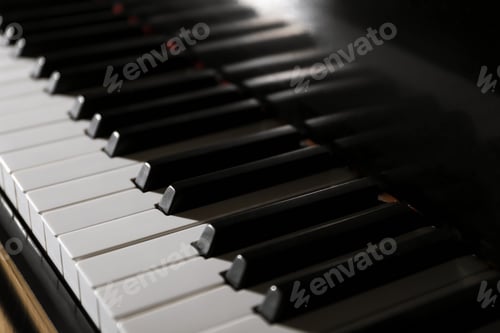 Preview: Closeup view of piano keys. Musical instrument