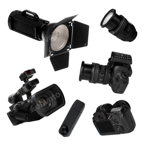 Preview: Cameras and accessories falling against white background