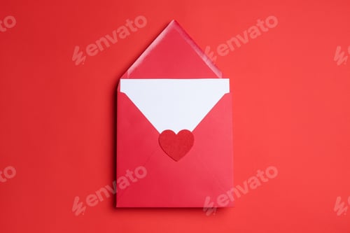 Preview: Envelope with heart on red background, top view. Love letter