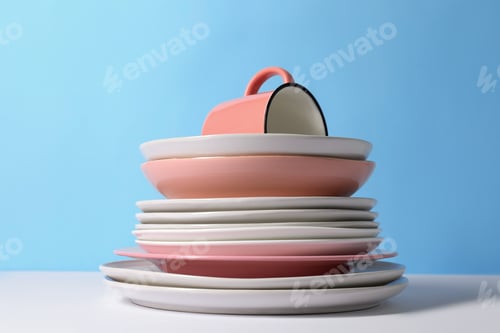 Preview: Stack of clean dishes and mug on white table against blue background, closeup