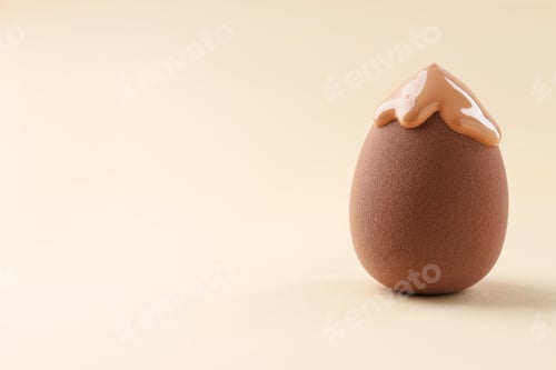Preview: Makeup sponge with skin foundation on beige background, closeup. Space for text
