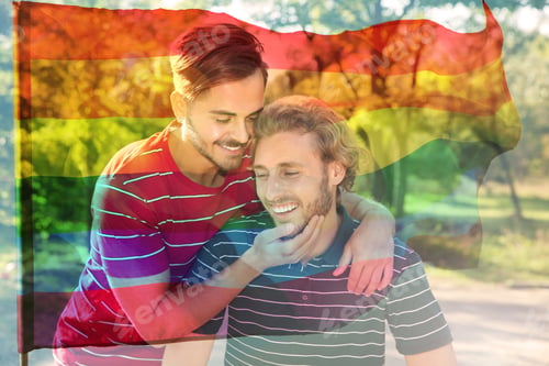 Preview: Happy gay couple enjoying time together in park, double exposure with pride flag
