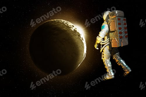 Preview: Astronaut wearing special suit against celestial body in space