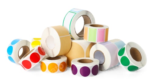 Preview: Rolls of adhesive tags isolated on white