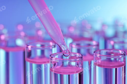Preview: Dripping liquid sample into test tubes with pipette on light background in color lights, closeup