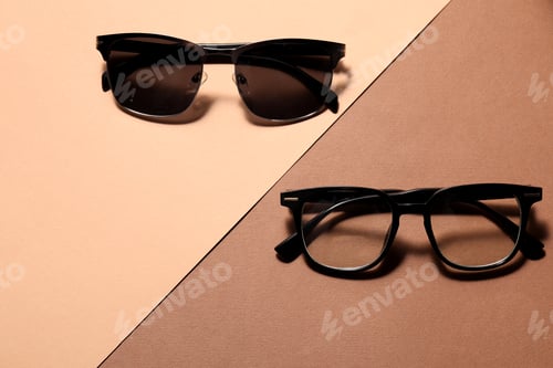 Preview: Different stylish glasses on color background, flat lay