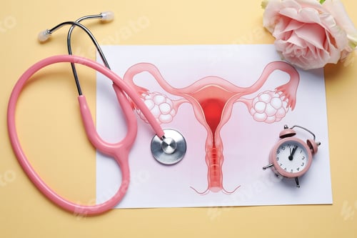 Preview: Gynecology. Paper with picture of female reproductive system, stethoscope, clock and rose on pale or