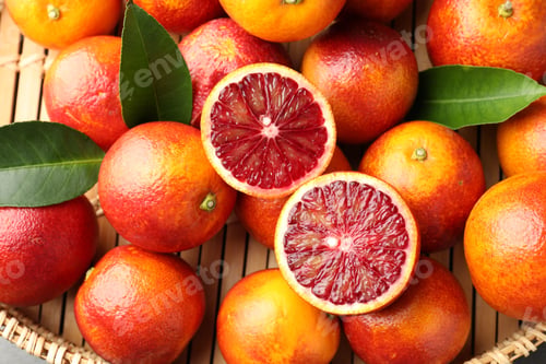 Preview: Ripe Sicilian oranges and green leaves in wicker basket, top view