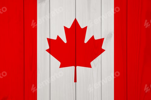 Preview: Flag of Canada with maple leaf on wooden surface as background