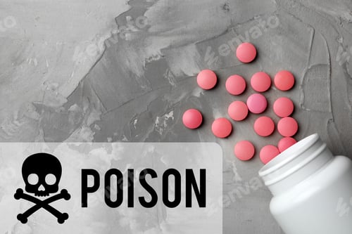 Preview: Poison warning symbol, bottle and pills on grey textured background, top view