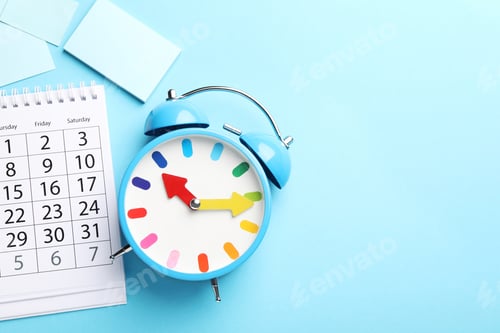 Preview: Reminder. Alarm clock, sticky notes and calendar on light blue background, flat lay. Space for text