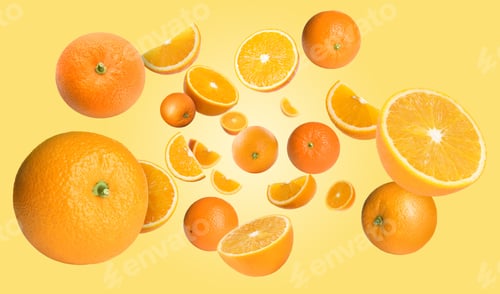 Preview: Fresh juicy oranges swirling in air against golden background. Citrus fruit