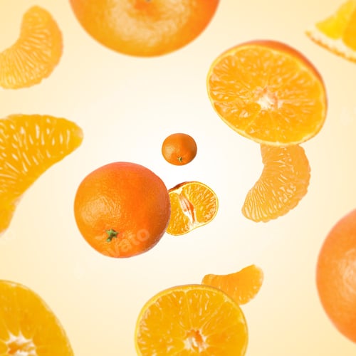 Preview: Sweet tangerines whirling in air against beige gradient background