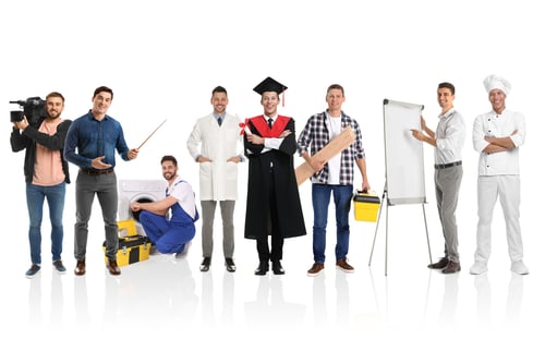 Preview: Graduate student and men of various professions on white background. Career choice