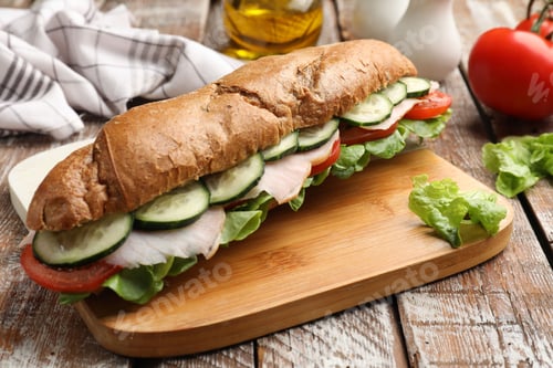 Preview: Delicious baguette sandwich with ham and vegetables on wooden table, closeup