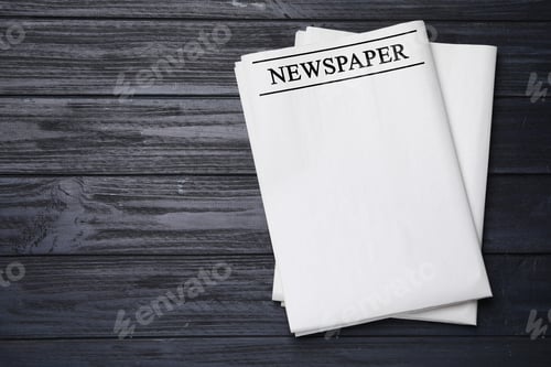 Preview: Folded newspapers on black wooden background, top view