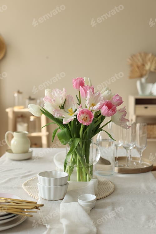 Preview: Beautiful place setting with tulips on table in stylish dining room